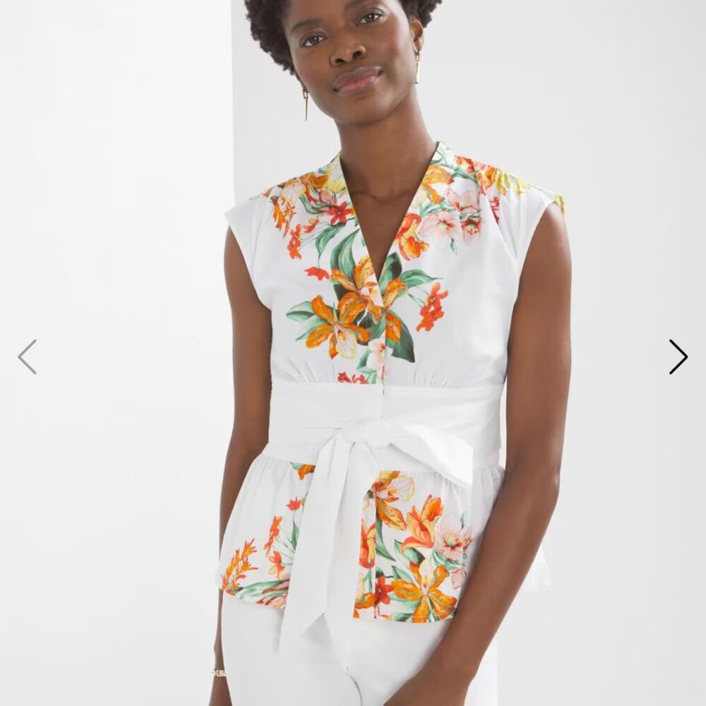 White House Black Market Short Sleeved Tie Waist Blouse S White Tiger Lily